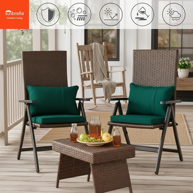 Indoor/Outdoor Chair Pads in Sunbrella Fabric – 17''x17'' Patio Seat Cushions with Foam Insert, Removable Reversible Cover & Ties for Patio Dining Chairs – Set of 2 or 4, Canvas Forest
