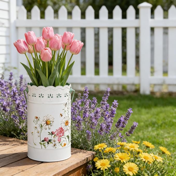 Set of 2 Farmhouse Floral Metal Flower Bucket Vase, Rustic Embossed Daisy Bee Design Planter with Hollowed-Edge, Decorative Pot for Indoor Outdoor Home Garden, Kitchen, Patio