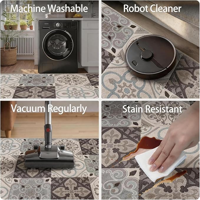 Washable Geometric Moroccan Area Rug 8x10, Non-Slip Low-Pile Stain Resistant Modern Indoor Carpet for Living Room Dining Room Bedroom Office, Grey Brown