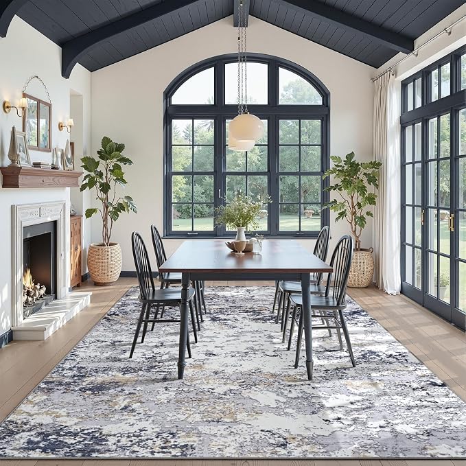 Toneed Washable 8x10 Area Rug with Non-Slip Backing for Living Room | Abstract Modern Rugs, Soft Low Pile Carpet for Bedroom Kitchen Dining Room Nursery Indoor Floor Home Decor, Blue White Gold