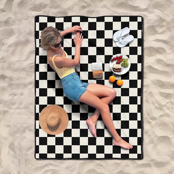 Checkered Blankets Waterproof Foldable,60’‘x80'' Portable Dual Layers Outdoor Travel Camping Backpacking Hiking Beach Blanket Mat for Grass Padded Lawn Park Beach,Checkered Picnic Accessories
