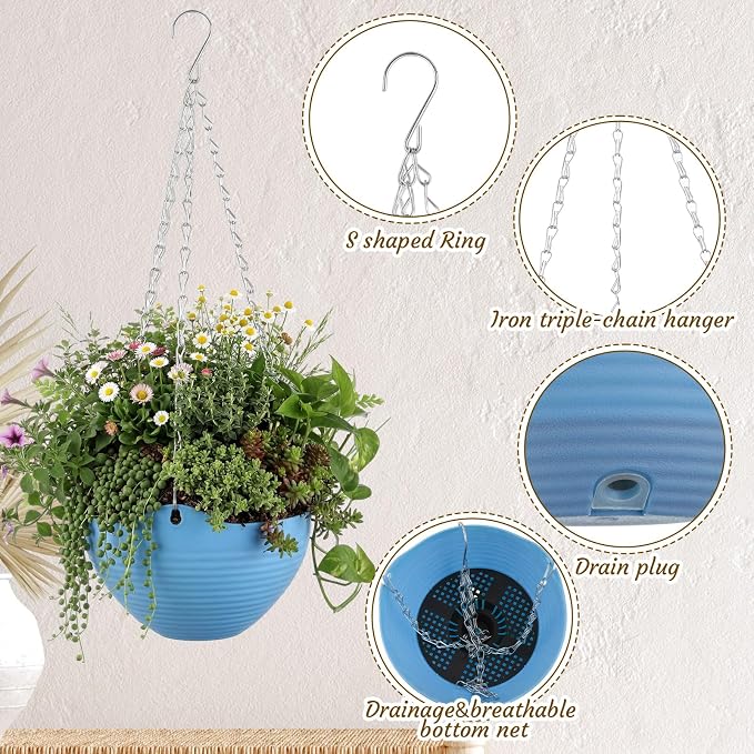 Zopeal 16 Pack Self Watering Hanging Planters 8 Inch Garden Flower Plant Pot Container with Drainer and Chain Round Hanging Pot Plant Basket for Indoor Outdoor Plants(Blue)