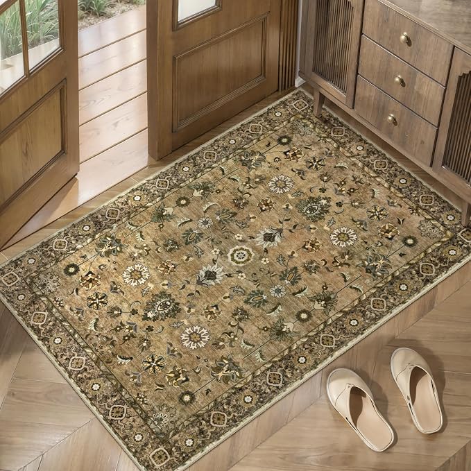 Tangsoo Brown 2x3 Washable Rugs for Entryway, Non Slip Small Area Rug | Farmhouse Accent Rug, Vintage Brown Indoor Door Rug Mat, Oriental Soft Low Pile Throw Rugs for Entrance Entry Kitchen Bedroom