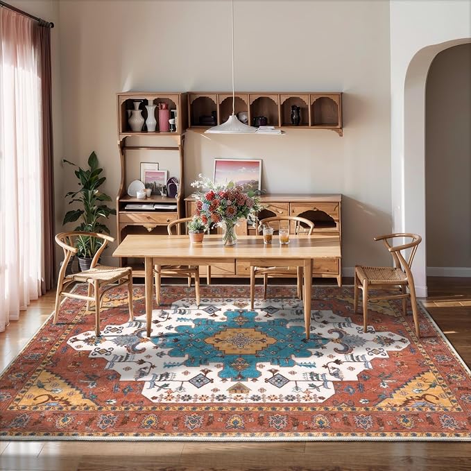 SERISSA 5x7 Washable Non Slip Boho Area Rug for Living Room，Orange | Ultra Soft Vintage Oriental Carpet Low-Pile Distressed Tribal Throw Carpet for Bedroom Dining Room Dorm Office Home Decor