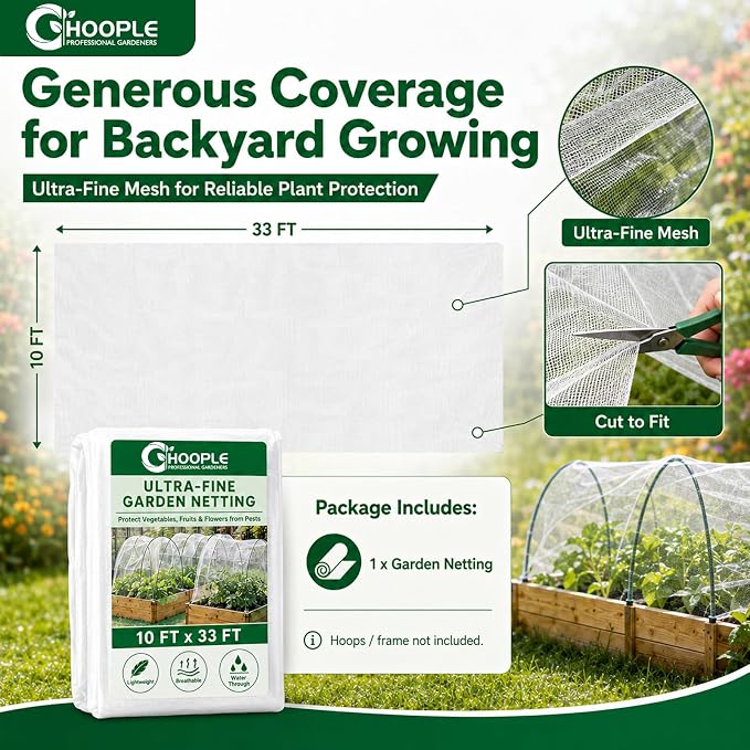 HOOPLE Garden Netting 10 FT x 33 FT, Ultra-Fine Mesh Plant Cover, Bug Netting for Garden, Insect Pest Barrier Row Cover for Vegetables, Fruits & Flowers, Lightweight Breathable Garden Mesh Netting