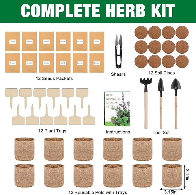 12 Herb Garden Kit - Indoor Herbs Seeds Growing Kit Gardening Gift Birthday Housewarming Christmas Gift for Women Her Men, Complete Starter Set for Beginner