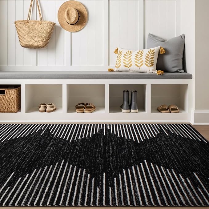 Rugshop Bohemian Stripe Stain Resistant High Traffic Area Rug Black 4' x 6' | Rectangular, Size 4' x 6', Living Room, Bedroom, Dining Room, Home Office, Kitchen, Entryway, Hallway, Nursery, Kids Room