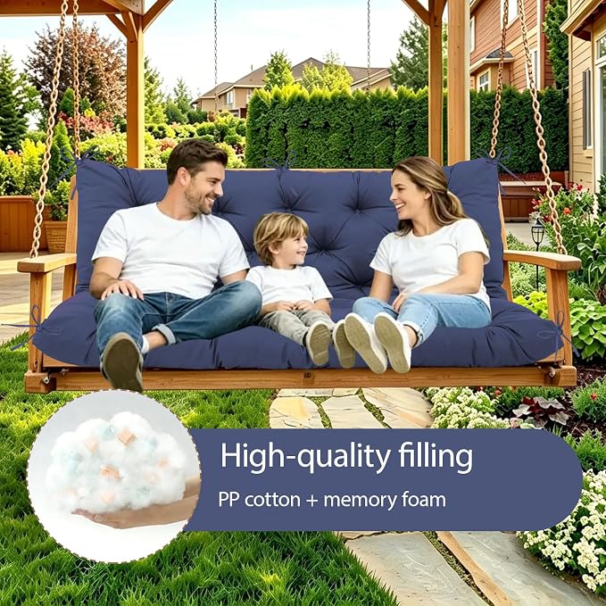 Durable Extra 5" Thick Waterproof Porch Swing Cushions Outdoor 60 inch Swing Cushions 3 Seater Replacement Fade-Resistant with Backrest and Ties, for Outdoor Patio Long Bench Furniture(Navy Blue)