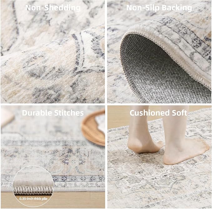 5x7 Area Rugs for Living Room: Machine Washable Area Rug Non Slip Low Pile Soft Faux Wool Non Shedding Vintage Boho Rug for Bedroom Entryway Dining Room Kitchen Nursery Farmhouse Home Office Indoor
