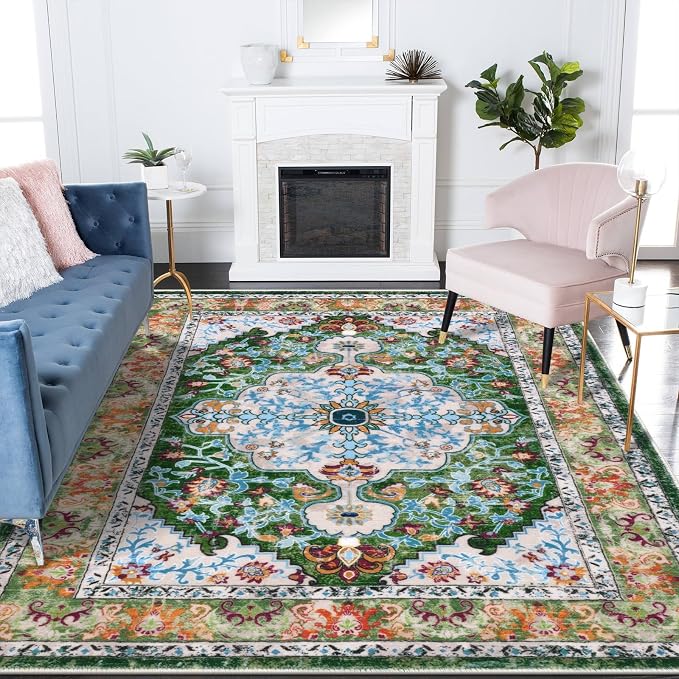 U'Artlines Boho Vintage Area Rug 6x9 Machine Washable Carpet, Green | Low Pile, Non Slip, Ultra-Thin Soft Floor Carpet, Accent Rug for Living Room Bedroom Dining Room Office