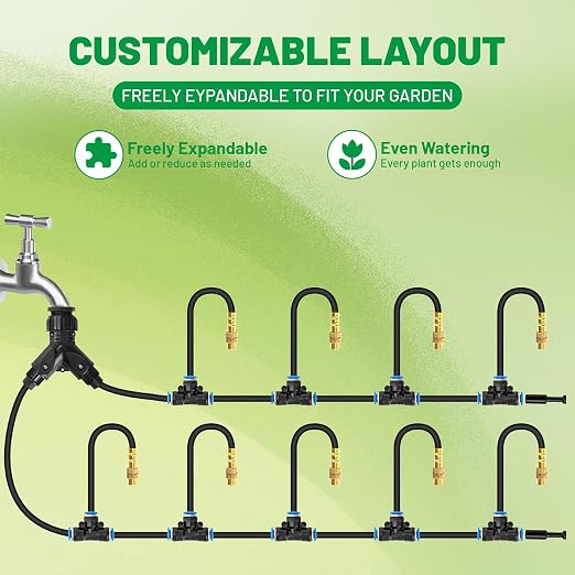 360° Adjustable Micro Drip Irrigation System, 12 Brass Sprinkler Heads & Bendable Stems, Automatic Watering Kit with 1/4" Tubing for Raised Bed, Lawn, Vegetable & Outdoor Plants (50ft)