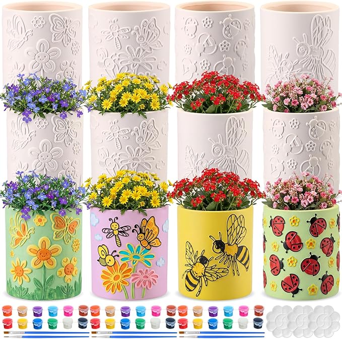 Zubebe 12 Pcs Paint Your Own Ceramic Pots Bulk Unfinished Succulent Pots Craft Kit with Drainage Hole Mini Paintable Plant Vase Ready to Paint Planter for Cactus DIY Craft (Insect)