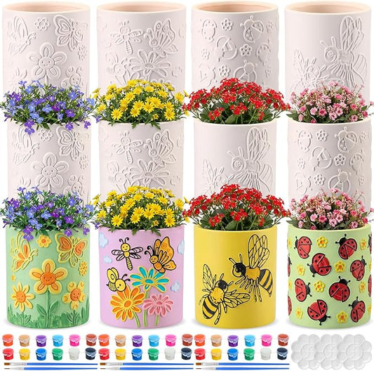 Zubebe 12 Pcs Paint Your Own Ceramic Pots Bulk Unfinished Succulent Pots Craft Kit with Drainage Hole Mini Paintable Plant Vase Ready to Paint Planter for Cactus DIY Craft (Insect)