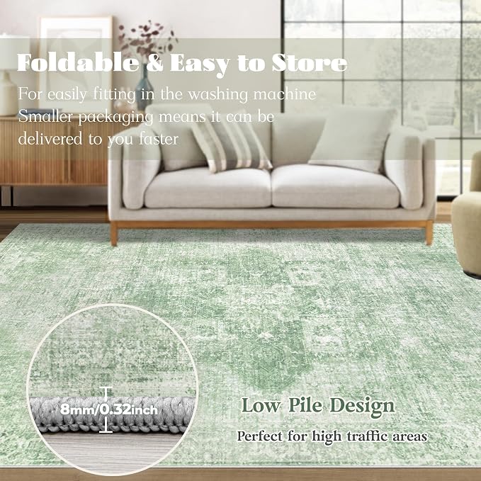 Area Rug 9x12 Washable Rug, Vintage Boho Medallion Rugs Non-Slip Soft Low Pile Large Distressed Rug Indoor Retro Carpet for Living Room Bedroom Dining Room Home Office (SageGreen, 9'x12')