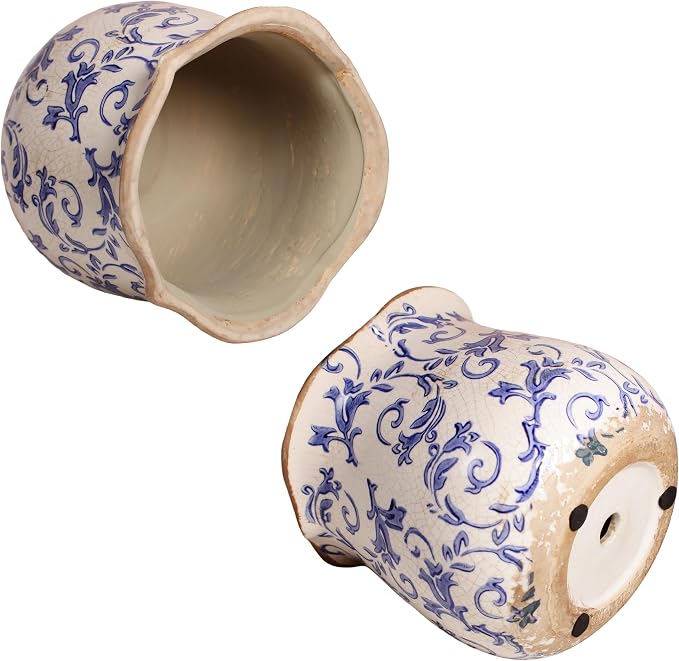 Retro Distressed Ceramic Flower Pots, Antique Crackle Glaze Planters with Drainage for Indoor Plants, Blue and White Chinoiserie Pottery Vase for Living Room Balcony Office Decor, Gardening Gifts
