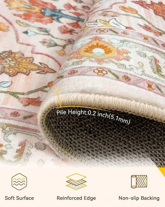 RELEANY Washable Area Rug, Runner 2'x5', Pink/Light Pink/Colorful | Non-Slip, Water Repellent, Pet Friendly, Easy to Clean, Vintage Floral Boho Decor for Kitchen Entry Bedroom Bedside Laundry
