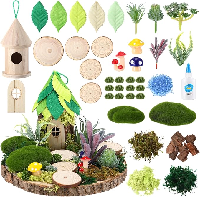 Amyhill DIY Fairy Garden Kit Make Your Own Wooden Mini House Craft Kit Miniature Fairy Garden Accessories Micro Mushrooms Plants Ornaments Craft for Outdoor Indoor Mini House Decor