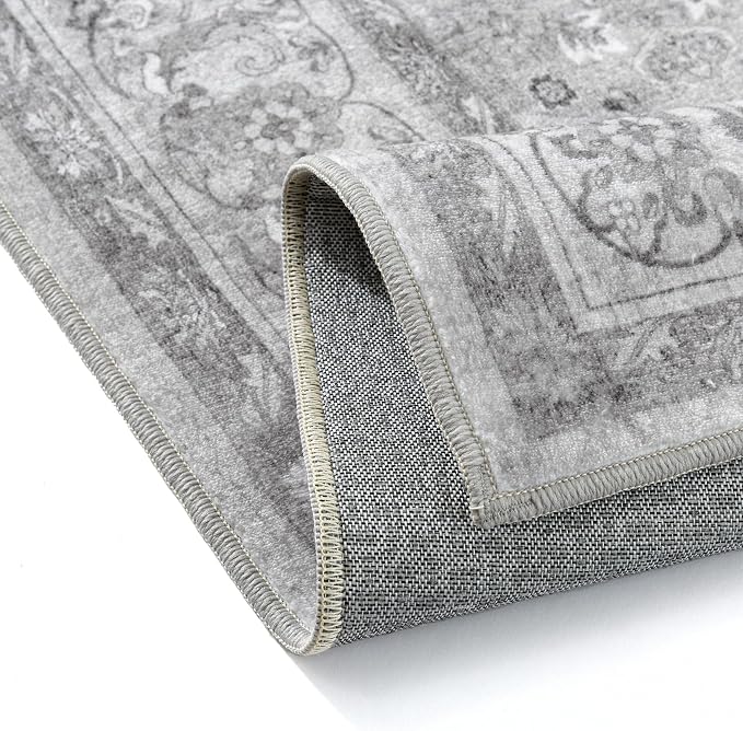 Gray 8x10 Washable Area Rug Vintage Distressed Carpet | Soft Low Pile, Non Slip, Stain Resistant, Large for Living Room, Bedroom, Dining Room, Kids Room, Retro Accent Decor