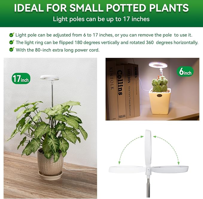 Grow Light for Indoor Plants, Full Spectrum 48LEDs Small Grow Light, Plant Light Super Bright with 4/8/12/18H Auto Timer, Dimmable, Adjustable Height 7"-17", Halo Φ3.5, Power Cord 78", Plug Included