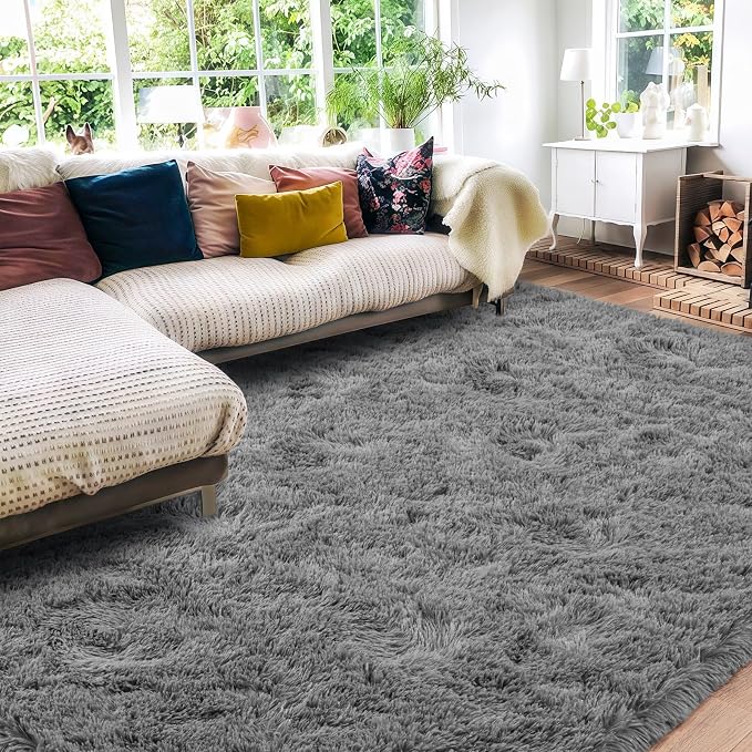Large Area Rugs 9x12 Living Room, Ultra Fluffy Fuzzy Shag Grey Rug for Bedroom, Modern Plush Soft High Pile Upgrade Non-Slip Gray Carpet for Kids Girls and Boys, Dorms, Home Decor Aesthetic