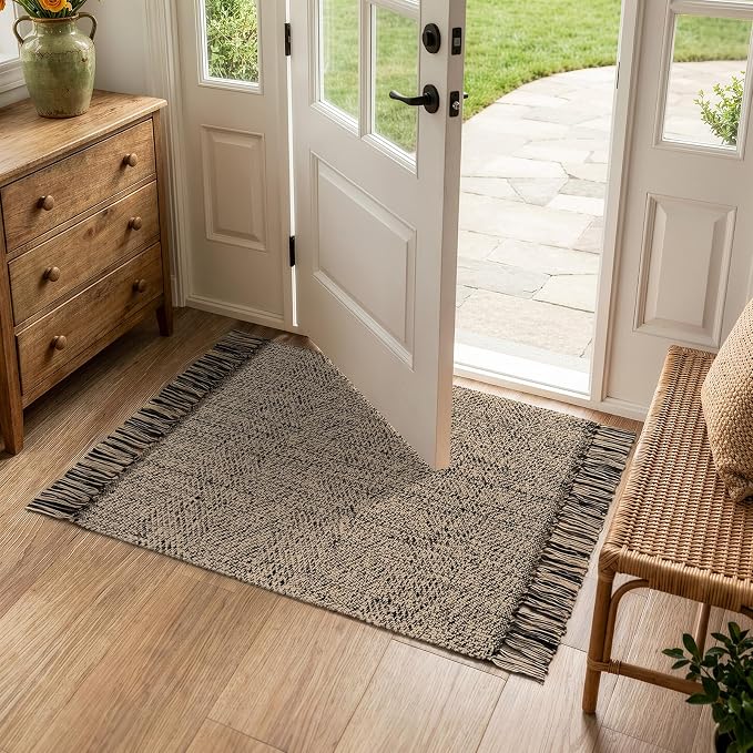Small Bathroom Rug 2' x 3', Modern Farmhouse Kitchen Rugs | Hand Woven Washable Entryway Rugs, Natural/Black Boho Low Profile Front Door Mat Braided Carpet for Back Porch Bedroom Decor