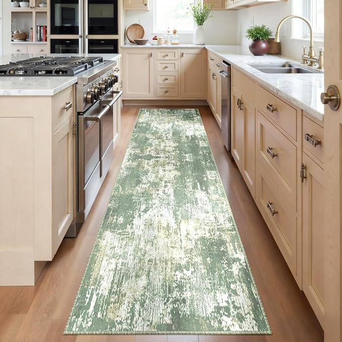 RELEANY Washable Runner 2'x6' Abstract Area Rug for Hallway Light Green | Carpet for Kitchen, Entryway, Bathroom, Living Room, Bedroom, Printed Pattern, Non‑Slip, Soft, Stain‑Resistant, Easy to Clean