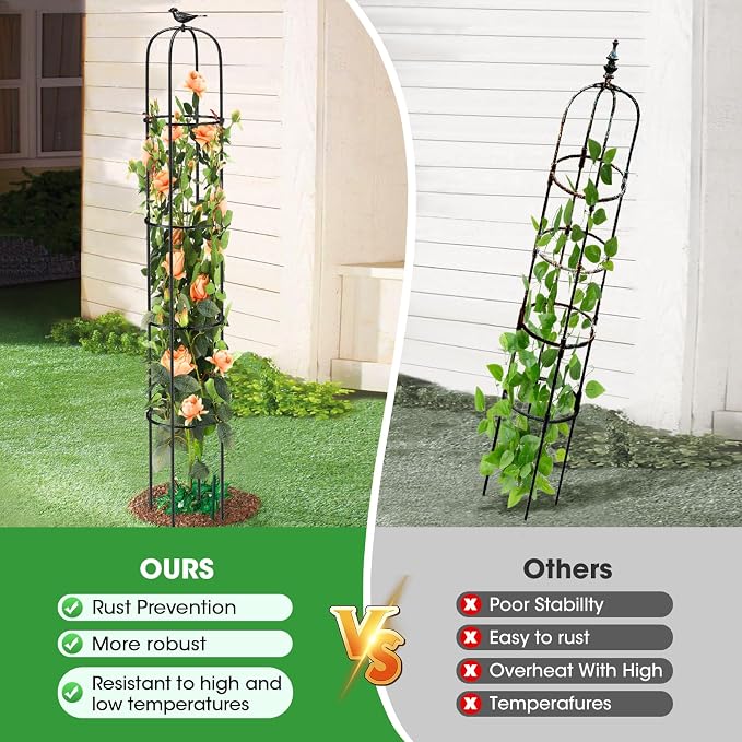 Tower Obelisk Garden Trellis for Climbing Plant，6.3FT/75.6" Rustproof Metal Potted Plant Climbing Support for Indoor Outdoor Flowers Vegetable Fruits Vines Support (1PCS)