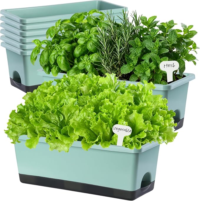 Oliz Window Box Planter 8 Pcs, 17 Inches Rectangle Flower Pots with Drainage Holes & Trays, Vegetable Planters for Windowsill Patio Garden Balcony Home Indoor Outdoor (Green, 16 * 7 * 6 inch)