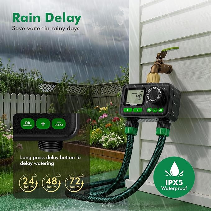 RESTMO 2-Zone Programmable Sprinkler Timer for Outdoor Hose Faucet | Large dial, rain delay & 11h59m max run time with Brass Inlet, automatic irrigation for garden soaker hose & lawn watering