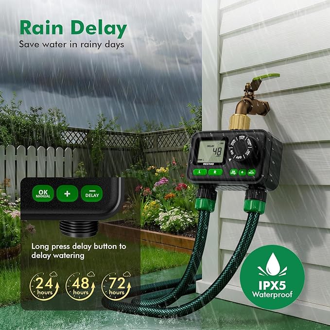 RESTMO Sprinkler Timer for Outdoor Hose Faucet 2 Pack, Max 11h59m Programmable Water Timer for Garden Soaker Hose, Misting with Brass Inlet & Large Dial, Rain Delay/Manual/Automatic Irrigation System