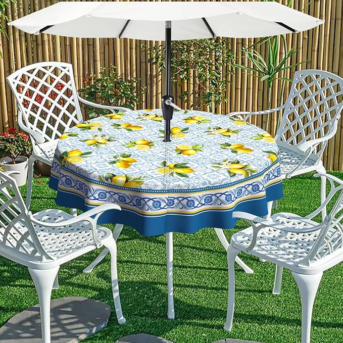 Lemon Outdoor Tablecloth with Umbrella Hole 60" x 60" Waterproof Zipper Table Cloth for Patio Table - Ideal Tablecloths for Picnics, Camping, and Yard Use