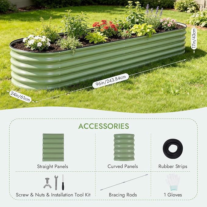 INNO STAGE Galvanized Raised Garden Bed Kits, 8x2x1.4FT Metal Raised Garden Beds Outdoor, 17'' Tall Large Steel Raised Planter Bed for Vegetables & Flowers Patio Ground Planter Box (Olive Green, 2Pcs)