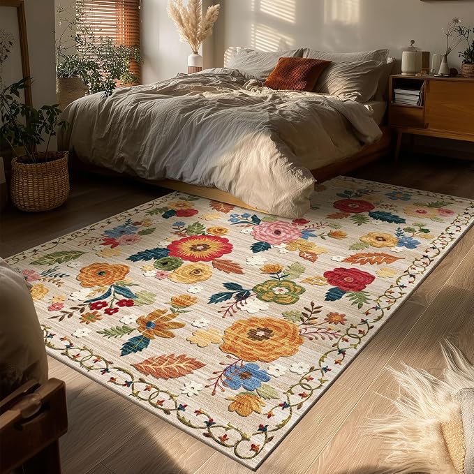 4x6 Washable Area Rugs for Bedroom: Small Living Room Rug with Non Slip Backing Low Pile Soft Faux Wool Distressed Vintage Floral Throw Rugs for Kitchen Entryway Office Nursery Entrance Enytry Indoor