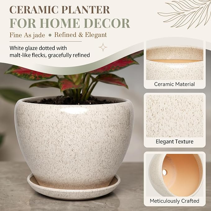 7.5 Inch Ceramic Plant Pot with Drainage Hole Mesh Net,Modern Gardening Pots for Indoor Plants with Saucer, Silk White