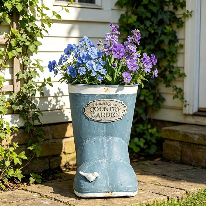Vintage Blue Rain Boot Planter, Country Garden Metal Boot Flower Pot, Rustic Farmhouse Decorative Planter for Indoor Outdoor Succulents, Herbs, Garden & Porch Decor