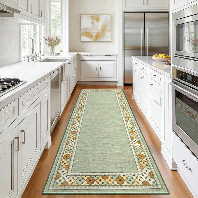 Garvee 2x6 Tribal Border Kitchen Rugs Washable Rugs for Hallway, Green | Floral Border Area Rug Stain Resistant Easy Cleaning Throw Rugs Low Pile Floor Cover for Bedroom Laundry