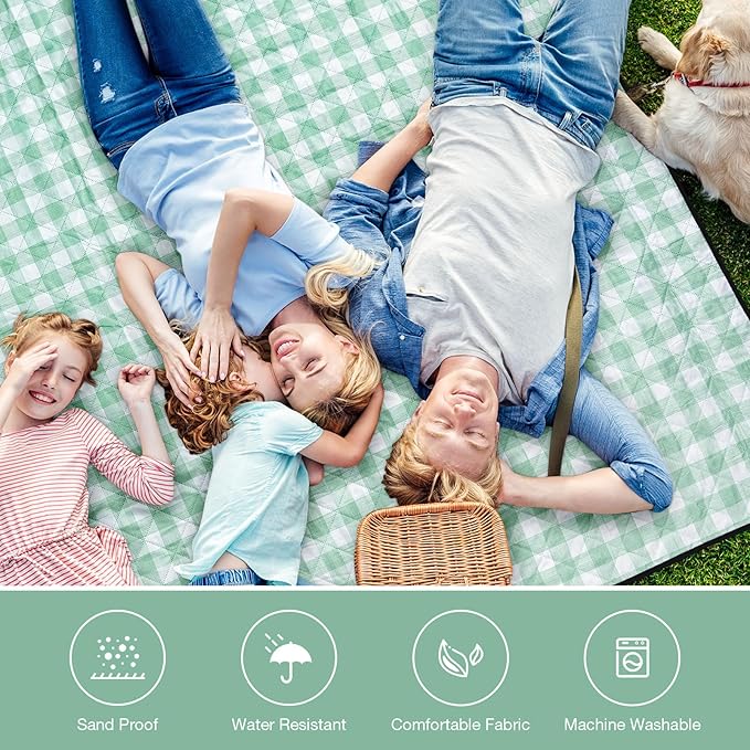 WILLOW WEAVE Picnic Blanket, 80''x80'' Waterproof Outdoor Blankets, Picnic Mat Washable for Beach, Picnic Blankets for Camping on Grass with Shoulder Strap - Green & White