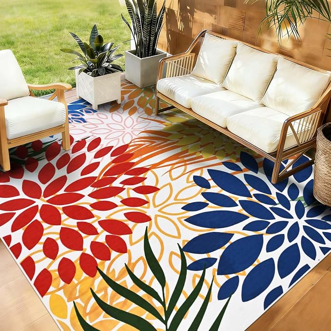 Yinhua Dahlia Floral Outdoor Rug 5x7 Colorful Indoor Outdoor Rugs Washable Patio Rug Non Slip Large Flower Area Rug Low Pile Outdoor Carpet for Patio, Deck, Porch, Balcony, Camping, Red and Blue