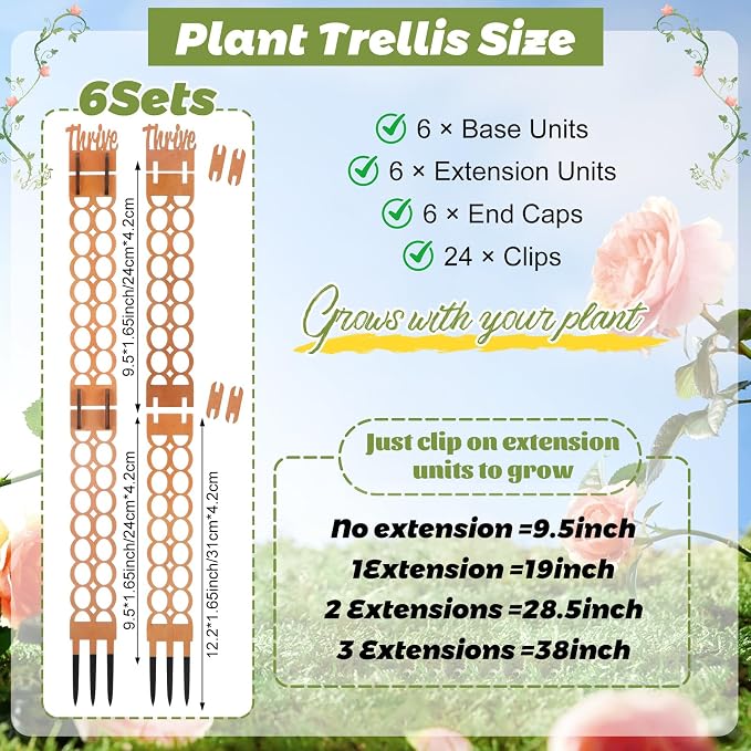 6 Sets Wooden Extendable Plants Trellis Indoor Modular Plant Trellis with Wood Thrive Sign Decor and Extensions for Outdoor Climbing Houseplants Vine Flower Stem(Circle)