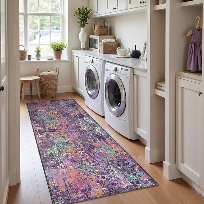 RELEANY Washable Runner 2'x6' Abstract Area Rug for Hallway Purple Multi | Carpet for Kitchen, Entryway, Bathroom, Living Room, Bedroom, Printed Pattern, Non‑Slip, Soft, Stain‑Resistant, Easy to Clean