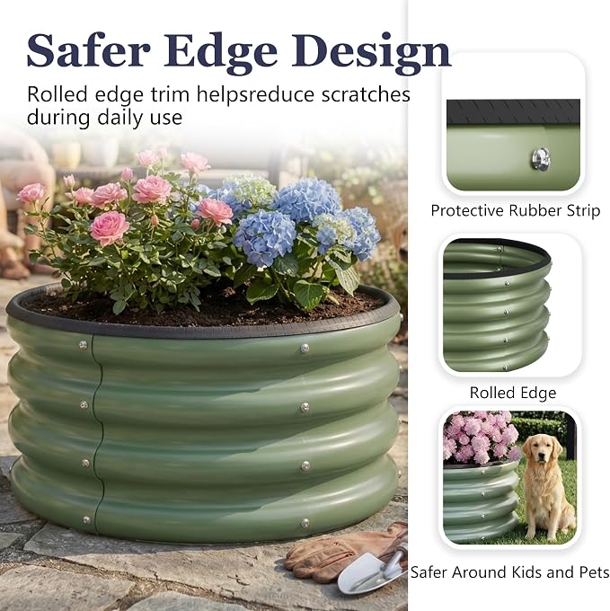 2 x 2 x 1 ft Round Raised Garden Bed, Green 2 Pack 12 in Deep Galvanized Steel Planter Box with Safety Edge Trim for Vegetables Flowers Herbs Backyard Patio Outdoor Garden