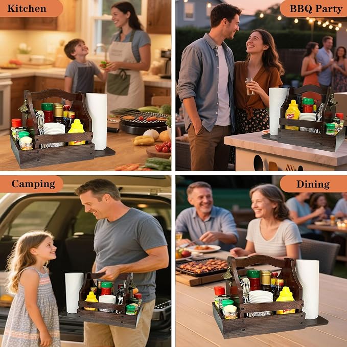 Grill Caddy for Outdoor Grill, BBQ Caddy with Paper Towel Holder and Beer Bottle Opener, Essential for Camping, Picnic Condiment and Kitchen Organizer, Gifts for Men and Women, Grilling Lovers