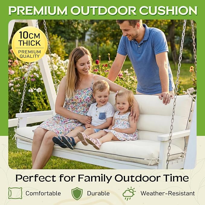 60×40 INCH Outdoor Swing Cushion with Backrest, Tie Straps & Memory Foam - Replacement for Porch Bench 2/3 Seater, Oxford Fabric (Cream, 60 INCH × 40 INCH)