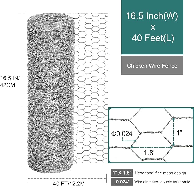 Chicken Wire Fencing, 24 Rifny 16.5 Inch x 40 Feet Chicken Wire Mesh Roll for Garden Plants, 1 Inch Mesh Hexagonal Galvanized Metal Poultry Wire Netting for Chicken Coop Rabbit Dogs Barrier
