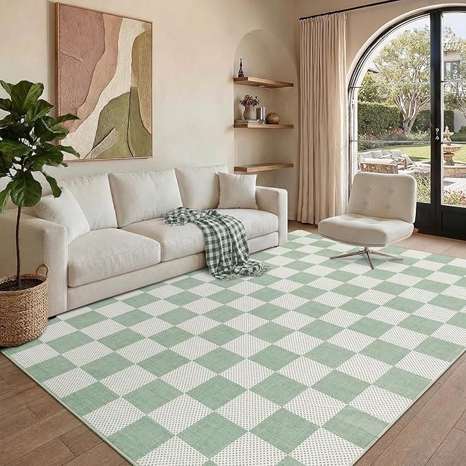 GarveeHome Checkered Sage Green 2x3 Washable Coastal Rug Small Door Mat | Sage Green Area Rug for Entryway Hallway Kitchen Bathroom Stain Resistant Low-Pile Non-Slip Soft Rugs TPE Backing