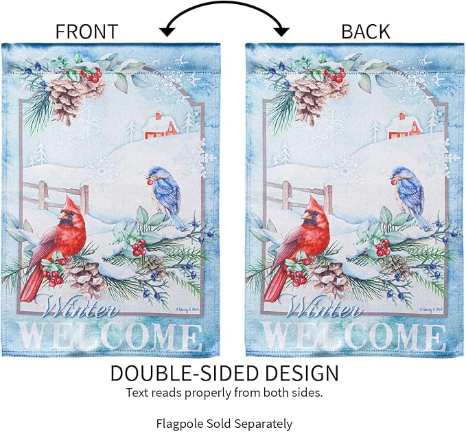 Evergreen Flag Snow Country Birds Lustre Garden Flag 12x18 Double Sided | Winter Garden Flag for Outside | Weather and Fade Resistant | Outdoor Flag For Yards and Gardens