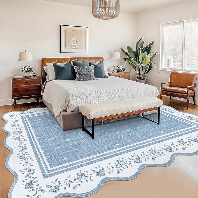 Garvee Scalloped Washable Rug 9x12 Rugs for Living Room Non Slip Blue | Neutral Nursery Rug Modern Bordered Floral Mat Indoor Soft Non-Shedding Accent Carpet for Bedroom Dining Room Kids Room Dorm