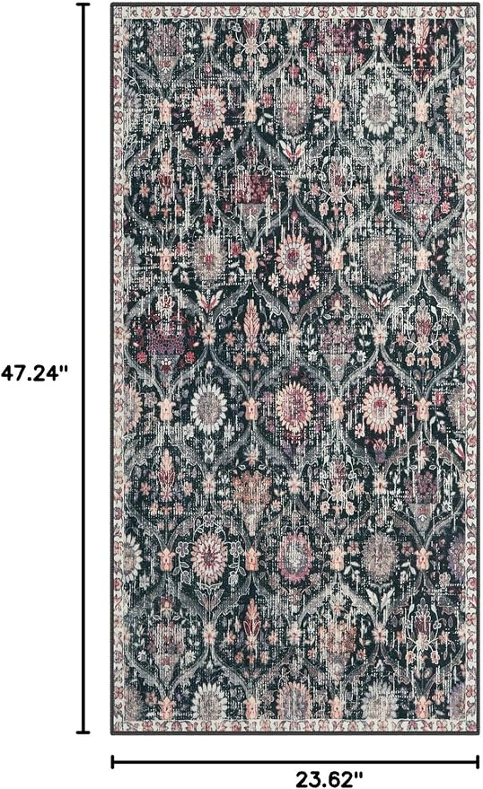 Lahome Kitchen Rugs Non Slip Washable Rugs for Entryway, Black 2x4 Rug | Non-Slip Moroccan Trellis Ultra-Thin Indoor Door Mat Small Carpet for Bathroom Bedroom Entry Elise, Black/Multi