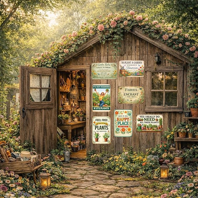 7 Pcs Vintage Garden Metal Signs Retro Garden Wall Decor – Rustic Farmhouse Signs for Home, Patio, Greenhouse & Plant Lover Gifts (12x8 Inch)