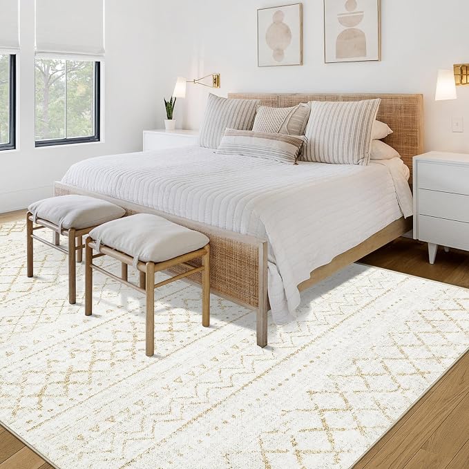 Area Rug for Living Room 6x9: Large Washable Boho Moroccan Rugs Geometric Neutral Rug, Non-Slip Foldable Morden Farmhouse Indoor Floor Carpet for Bedroom Dining Table Home(Beige,6X9)